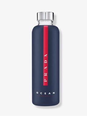 Authentic Prada Beauty Glass Water Bottle 500 ml in Navy & Red Silicone Sleeve
